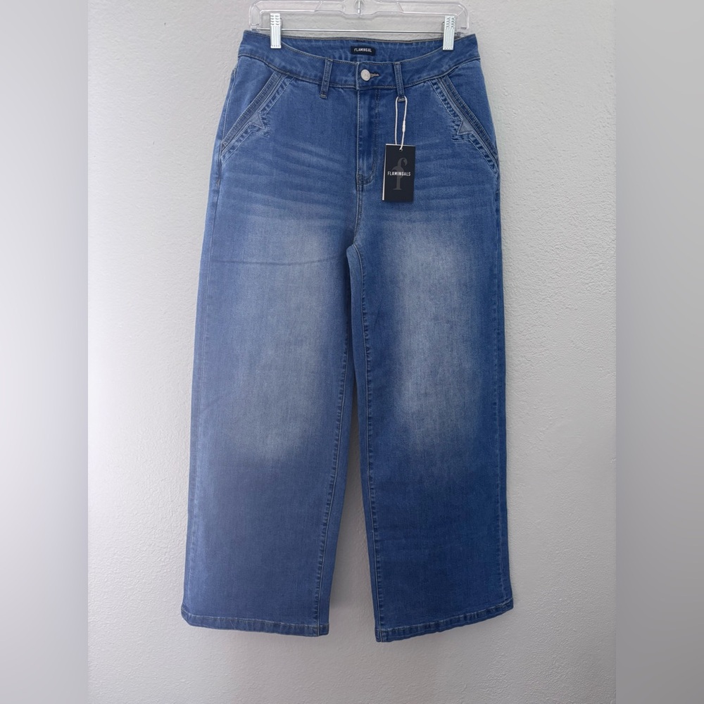 Flamingals Wide Leg Jeans‎ for Women | Mid Waist Baggy Washed Denim Jeans - Picture 12 of 16